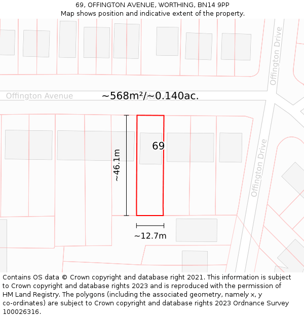 69, OFFINGTON AVENUE, WORTHING, BN14 9PP: Plot and title map