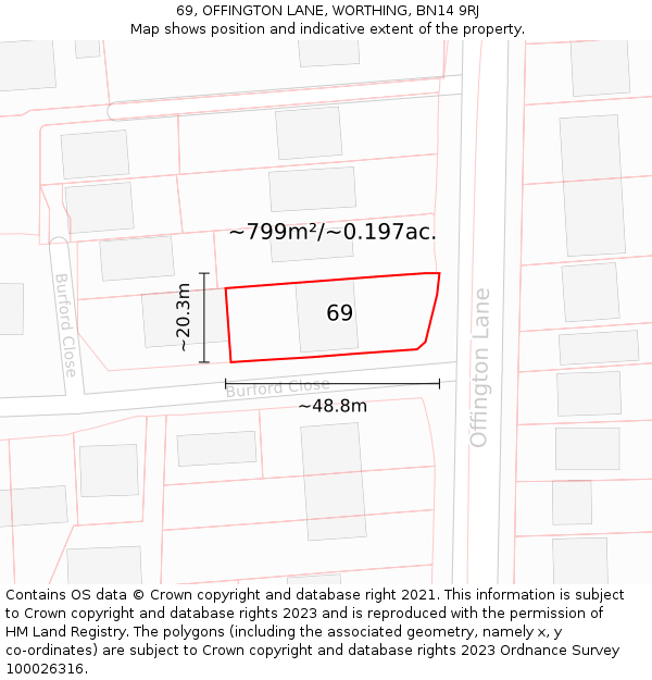 69, OFFINGTON LANE, WORTHING, BN14 9RJ: Plot and title map