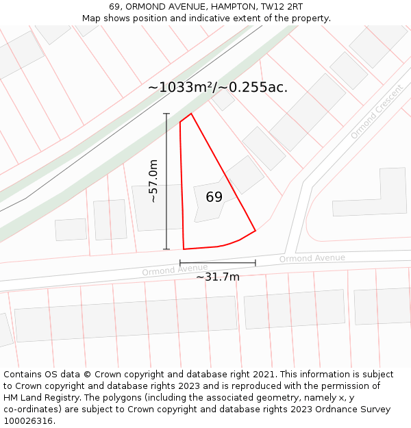 69, ORMOND AVENUE, HAMPTON, TW12 2RT: Plot and title map