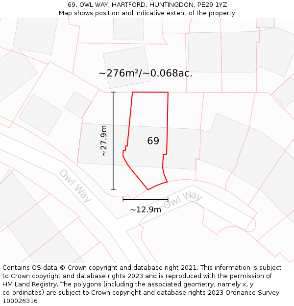 69, OWL WAY, HARTFORD, HUNTINGDON, PE29 1YZ: Plot and title map