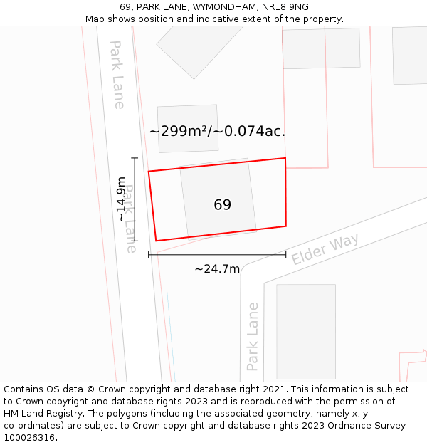 69, PARK LANE, WYMONDHAM, NR18 9NG: Plot and title map