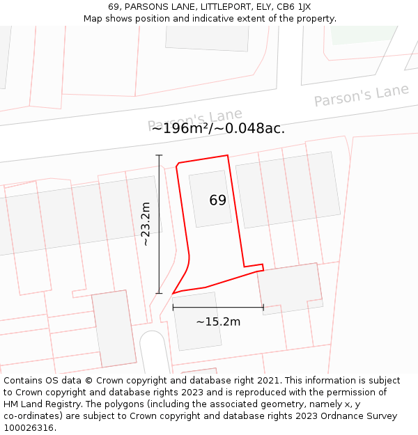 69, PARSONS LANE, LITTLEPORT, ELY, CB6 1JX: Plot and title map