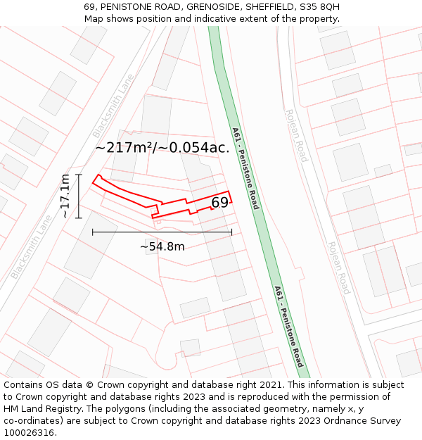 69, PENISTONE ROAD, GRENOSIDE, SHEFFIELD, S35 8QH: Plot and title map