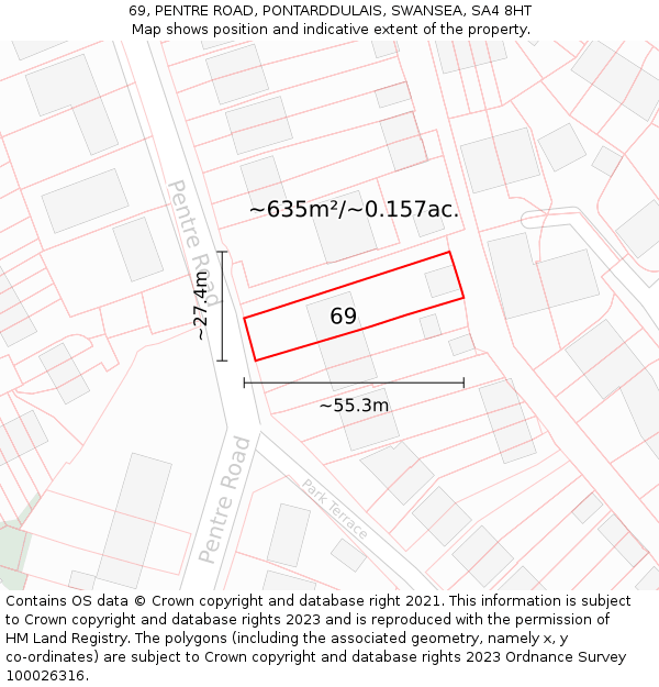 69, PENTRE ROAD, PONTARDDULAIS, SWANSEA, SA4 8HT: Plot and title map