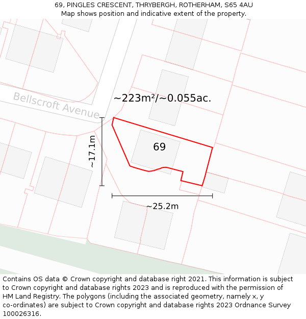 69, PINGLES CRESCENT, THRYBERGH, ROTHERHAM, S65 4AU: Plot and title map