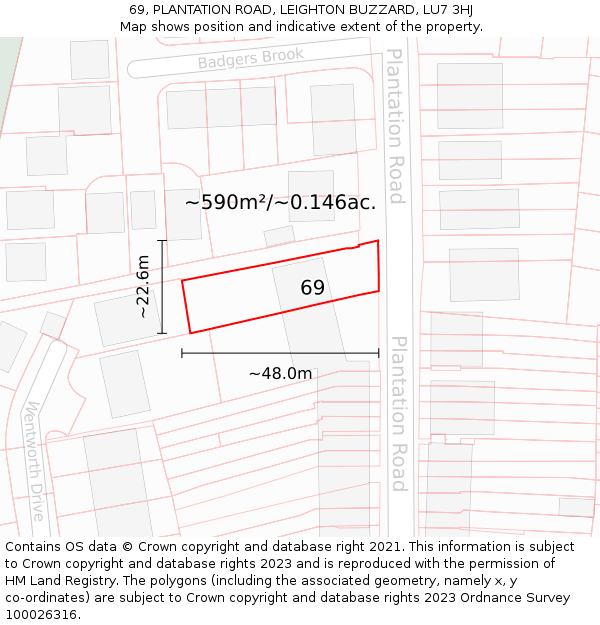69, PLANTATION ROAD, LEIGHTON BUZZARD, LU7 3HJ: Plot and title map