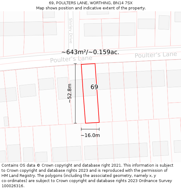 69, POULTERS LANE, WORTHING, BN14 7SX: Plot and title map