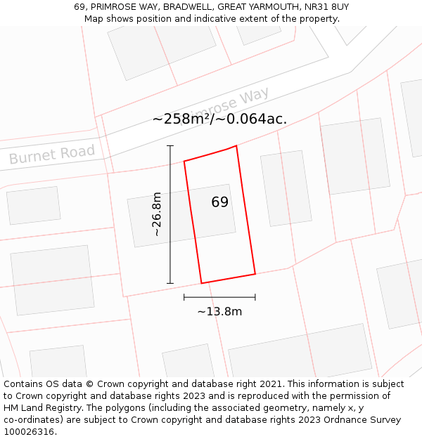 69, PRIMROSE WAY, BRADWELL, GREAT YARMOUTH, NR31 8UY: Plot and title map