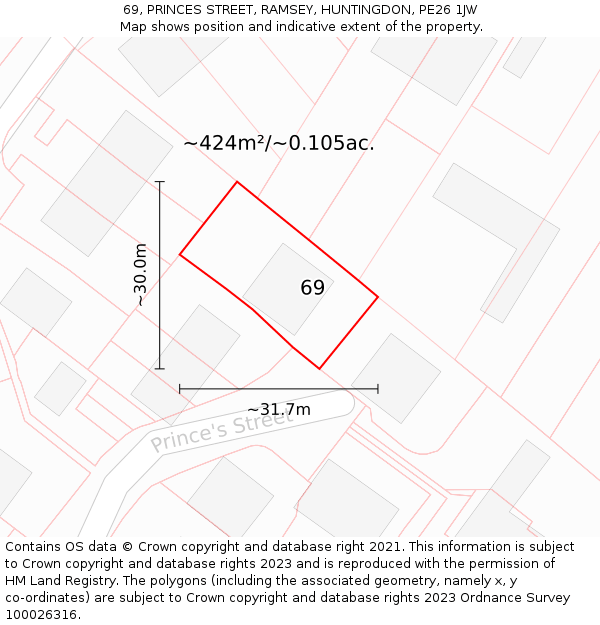 69, PRINCES STREET, RAMSEY, HUNTINGDON, PE26 1JW: Plot and title map