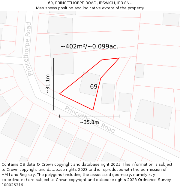 69, PRINCETHORPE ROAD, IPSWICH, IP3 8NU: Plot and title map