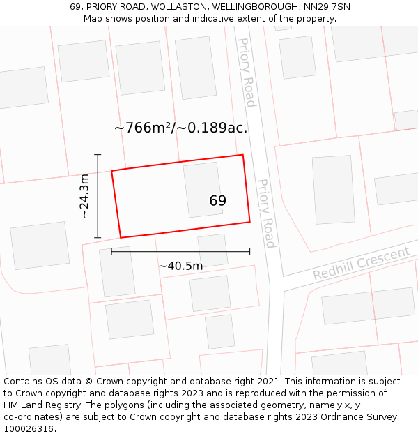 69, PRIORY ROAD, WOLLASTON, WELLINGBOROUGH, NN29 7SN: Plot and title map