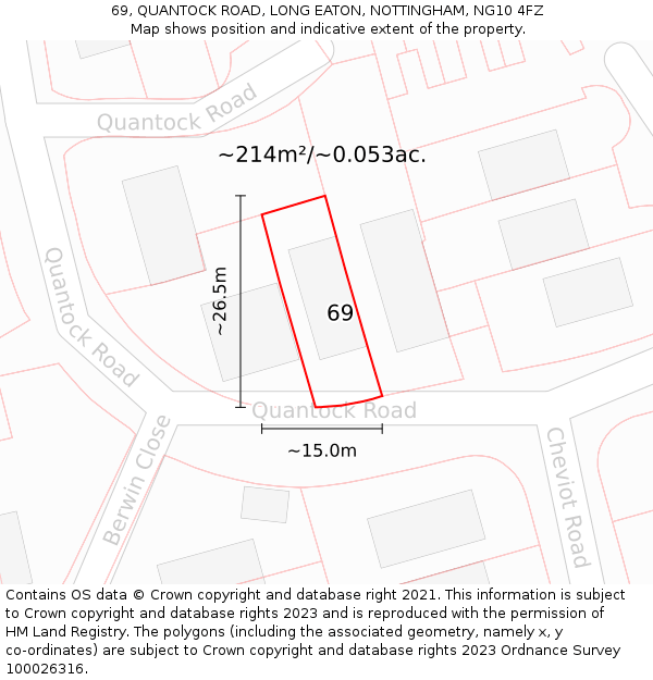 69, QUANTOCK ROAD, LONG EATON, NOTTINGHAM, NG10 4FZ: Plot and title map