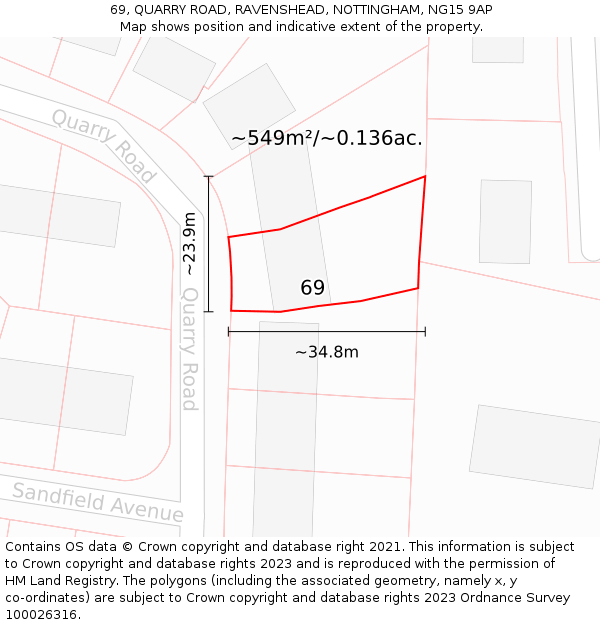 69, QUARRY ROAD, RAVENSHEAD, NOTTINGHAM, NG15 9AP: Plot and title map