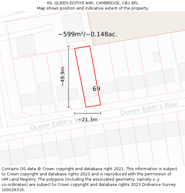 69, QUEEN EDITHS WAY, CAMBRIDGE, CB1 8PL: Plot and title map