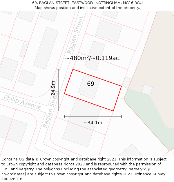 69, RAGLAN STREET, EASTWOOD, NOTTINGHAM, NG16 3GU: Plot and title map