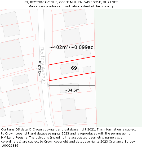 69, RECTORY AVENUE, CORFE MULLEN, WIMBORNE, BH21 3EZ: Plot and title map