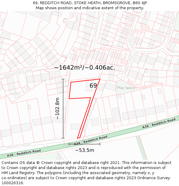 69, REDDITCH ROAD, STOKE HEATH, BROMSGROVE, B60 4JP: Plot and title map