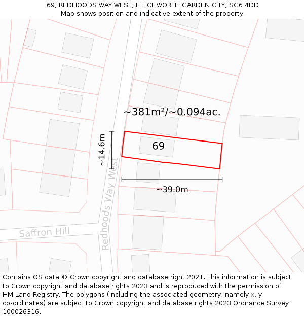 69, REDHOODS WAY WEST, LETCHWORTH GARDEN CITY, SG6 4DD: Plot and title map