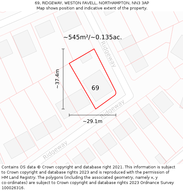 69, RIDGEWAY, WESTON FAVELL, NORTHAMPTON, NN3 3AP: Plot and title map