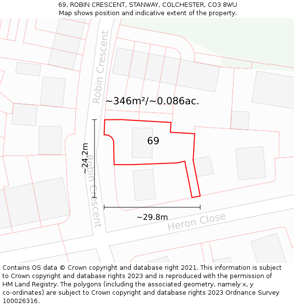 69, ROBIN CRESCENT, STANWAY, COLCHESTER, CO3 8WU: Plot and title map