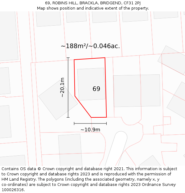 69, ROBINS HILL, BRACKLA, BRIDGEND, CF31 2PJ: Plot and title map