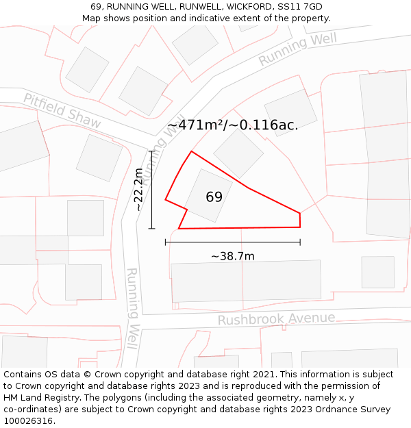 69, RUNNING WELL, RUNWELL, WICKFORD, SS11 7GD: Plot and title map