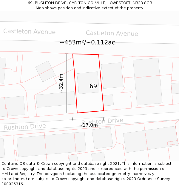 69, RUSHTON DRIVE, CARLTON COLVILLE, LOWESTOFT, NR33 8GB: Plot and title map