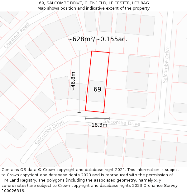 69, SALCOMBE DRIVE, GLENFIELD, LEICESTER, LE3 8AG: Plot and title map