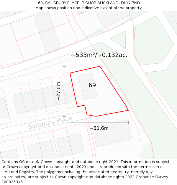 69, SALISBURY PLACE, BISHOP AUCKLAND, DL14 7NB: Plot and title map