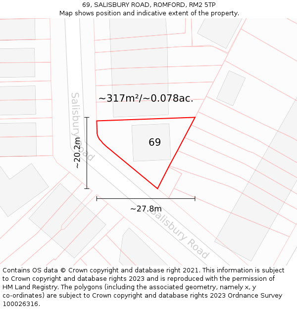 69, SALISBURY ROAD, ROMFORD, RM2 5TP: Plot and title map