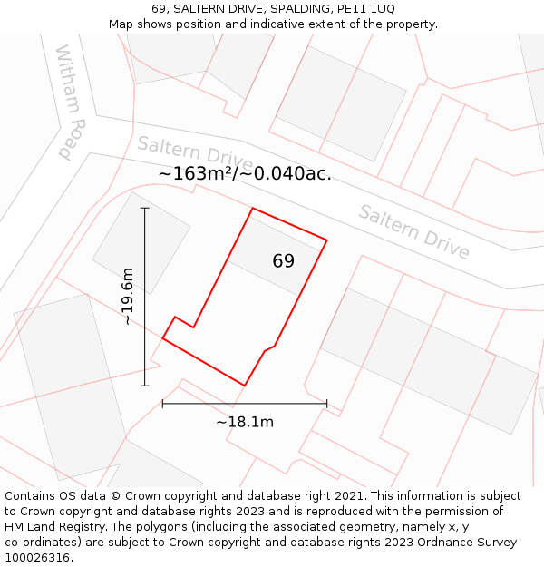 69, SALTERN DRIVE, SPALDING, PE11 1UQ: Plot and title map