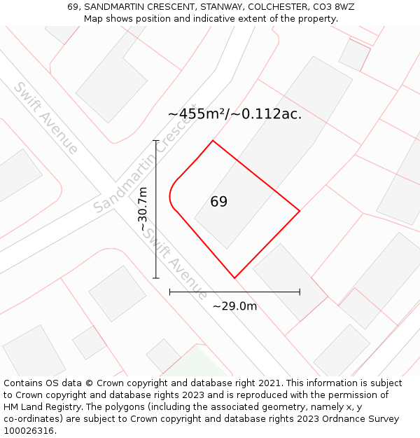 69, SANDMARTIN CRESCENT, STANWAY, COLCHESTER, CO3 8WZ: Plot and title map