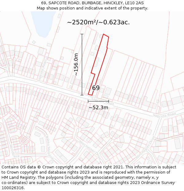 69, SAPCOTE ROAD, BURBAGE, HINCKLEY, LE10 2AS: Plot and title map