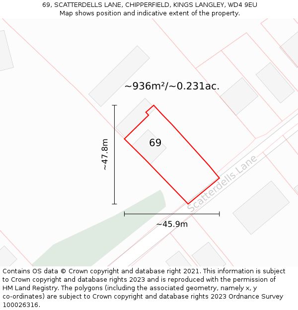 69, SCATTERDELLS LANE, CHIPPERFIELD, KINGS LANGLEY, WD4 9EU: Plot and title map