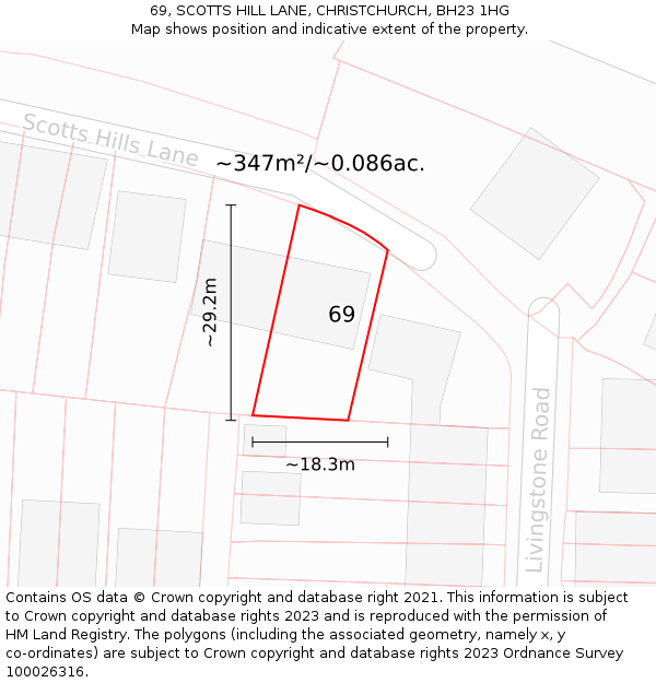 69, SCOTTS HILL LANE, CHRISTCHURCH, BH23 1HG: Plot and title map