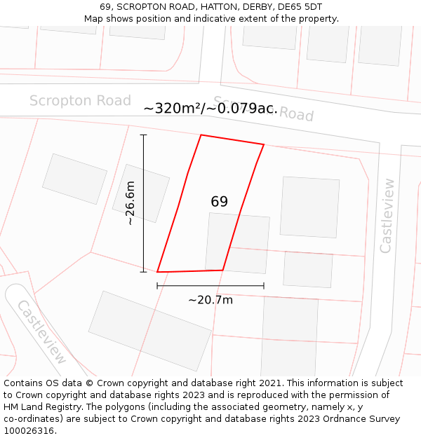 69, SCROPTON ROAD, HATTON, DERBY, DE65 5DT: Plot and title map
