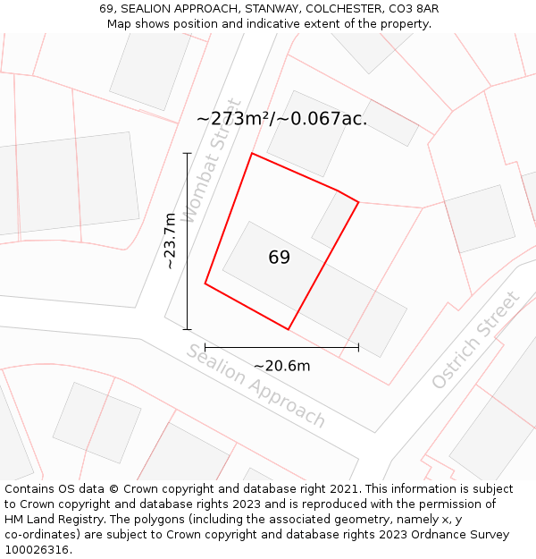 69, SEALION APPROACH, STANWAY, COLCHESTER, CO3 8AR: Plot and title map