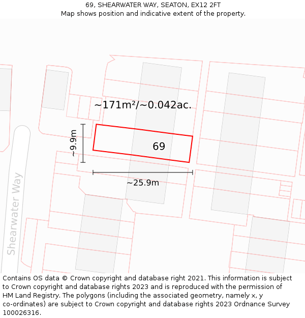 69, SHEARWATER WAY, SEATON, EX12 2FT: Plot and title map