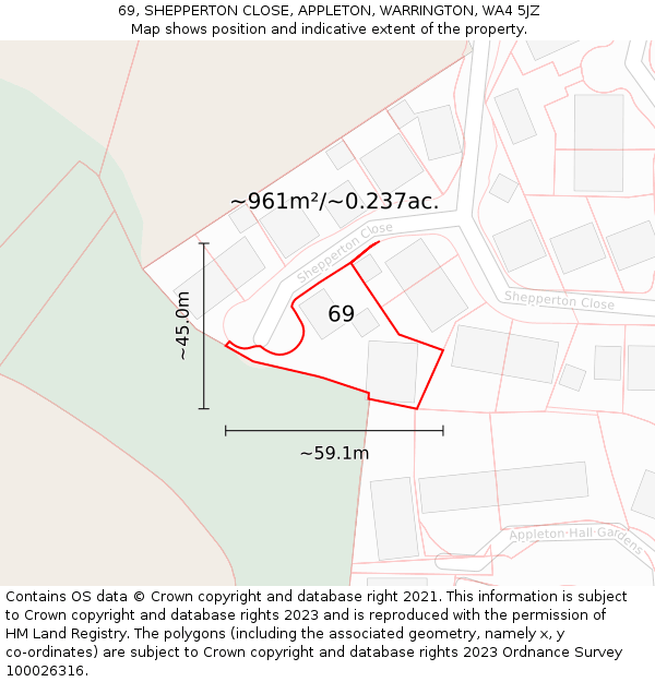 69, SHEPPERTON CLOSE, APPLETON, WARRINGTON, WA4 5JZ: Plot and title map