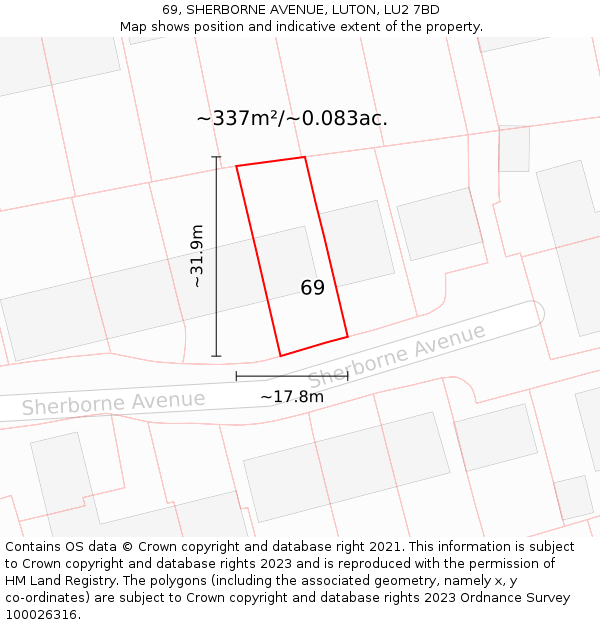 69, SHERBORNE AVENUE, LUTON, LU2 7BD: Plot and title map