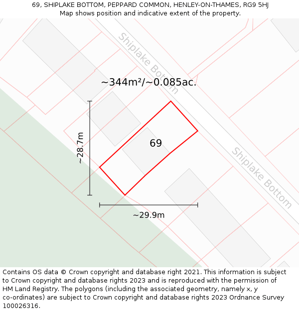 69, SHIPLAKE BOTTOM, PEPPARD COMMON, HENLEY-ON-THAMES, RG9 5HJ: Plot and title map