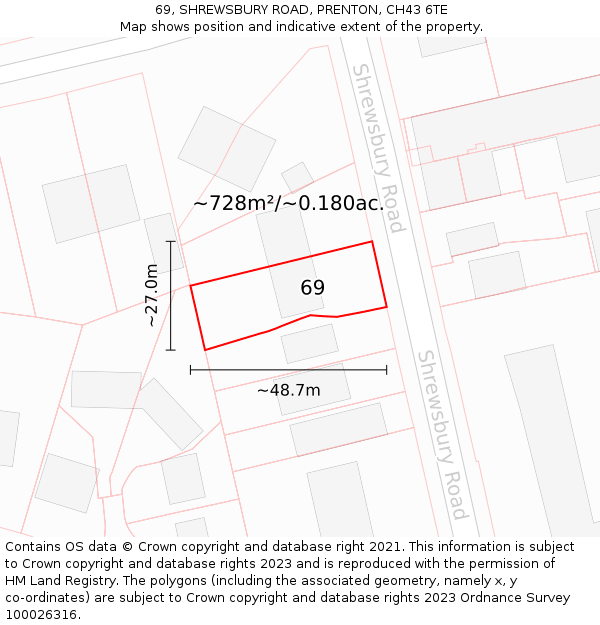 69, SHREWSBURY ROAD, PRENTON, CH43 6TE: Plot and title map
