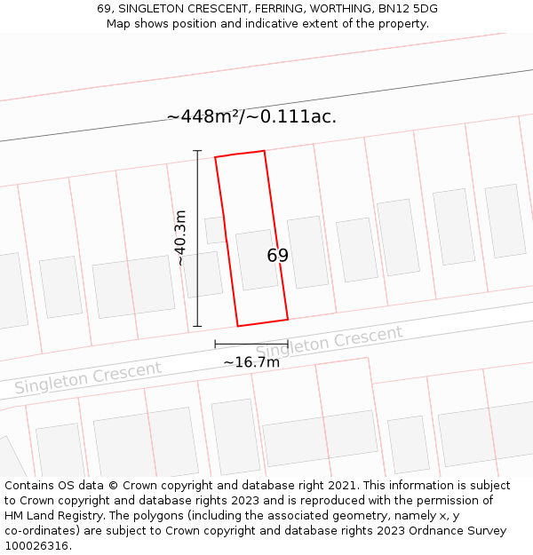 69, SINGLETON CRESCENT, FERRING, WORTHING, BN12 5DG: Plot and title map