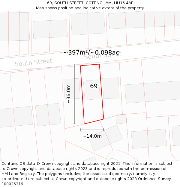 69, SOUTH STREET, COTTINGHAM, HU16 4AP: Plot and title map