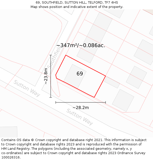 69, SOUTHFIELD, SUTTON HILL, TELFORD, TF7 4HS: Plot and title map