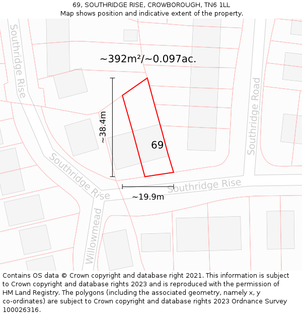69, SOUTHRIDGE RISE, CROWBOROUGH, TN6 1LL: Plot and title map