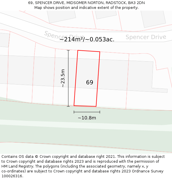 69, SPENCER DRIVE, MIDSOMER NORTON, RADSTOCK, BA3 2DN: Plot and title map