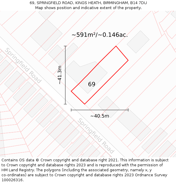 69, SPRINGFIELD ROAD, KINGS HEATH, BIRMINGHAM, B14 7DU: Plot and title map