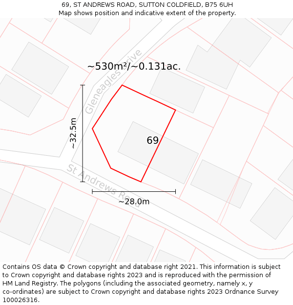 69, ST ANDREWS ROAD, SUTTON COLDFIELD, B75 6UH: Plot and title map