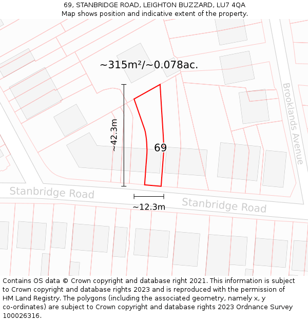 69, STANBRIDGE ROAD, LEIGHTON BUZZARD, LU7 4QA: Plot and title map
